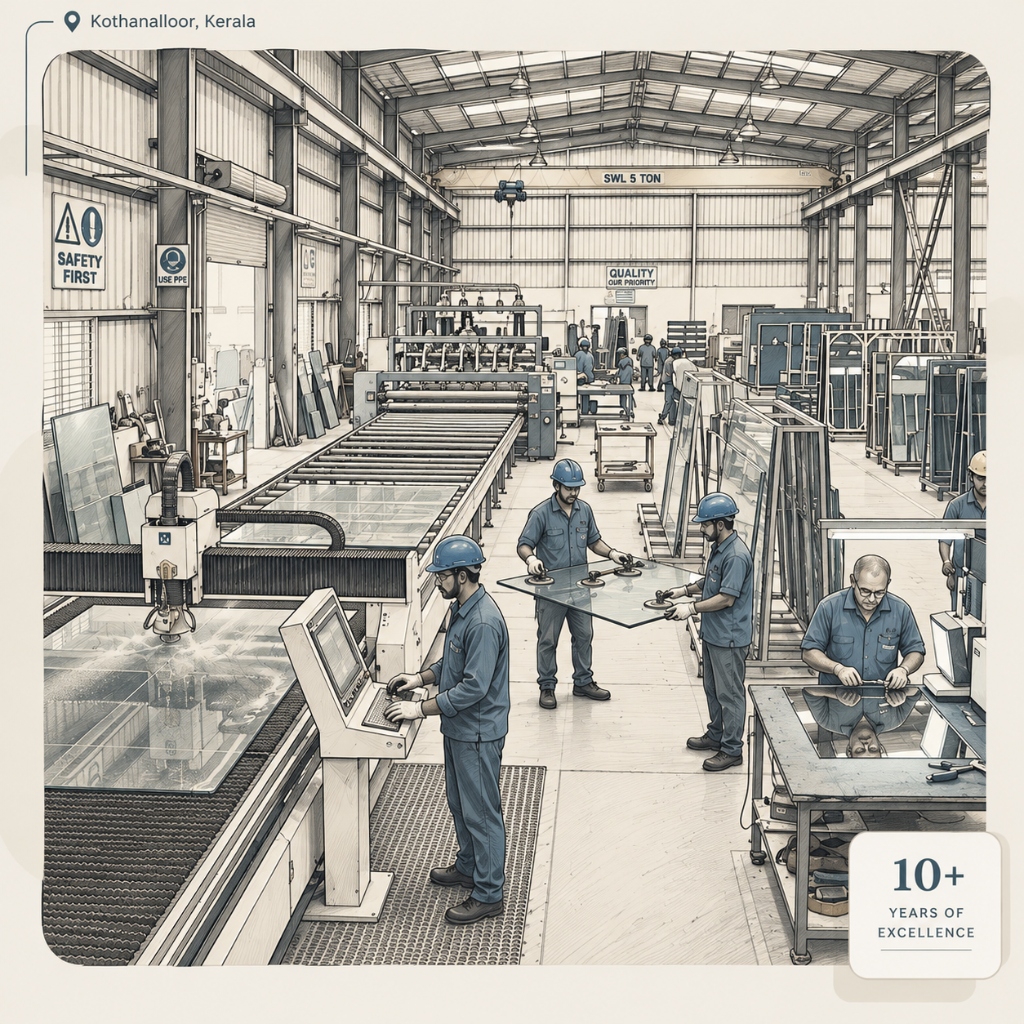 Daddys Enterprises Glass House — Architectural glass and hardware showroom, Kothanalloor Kerala